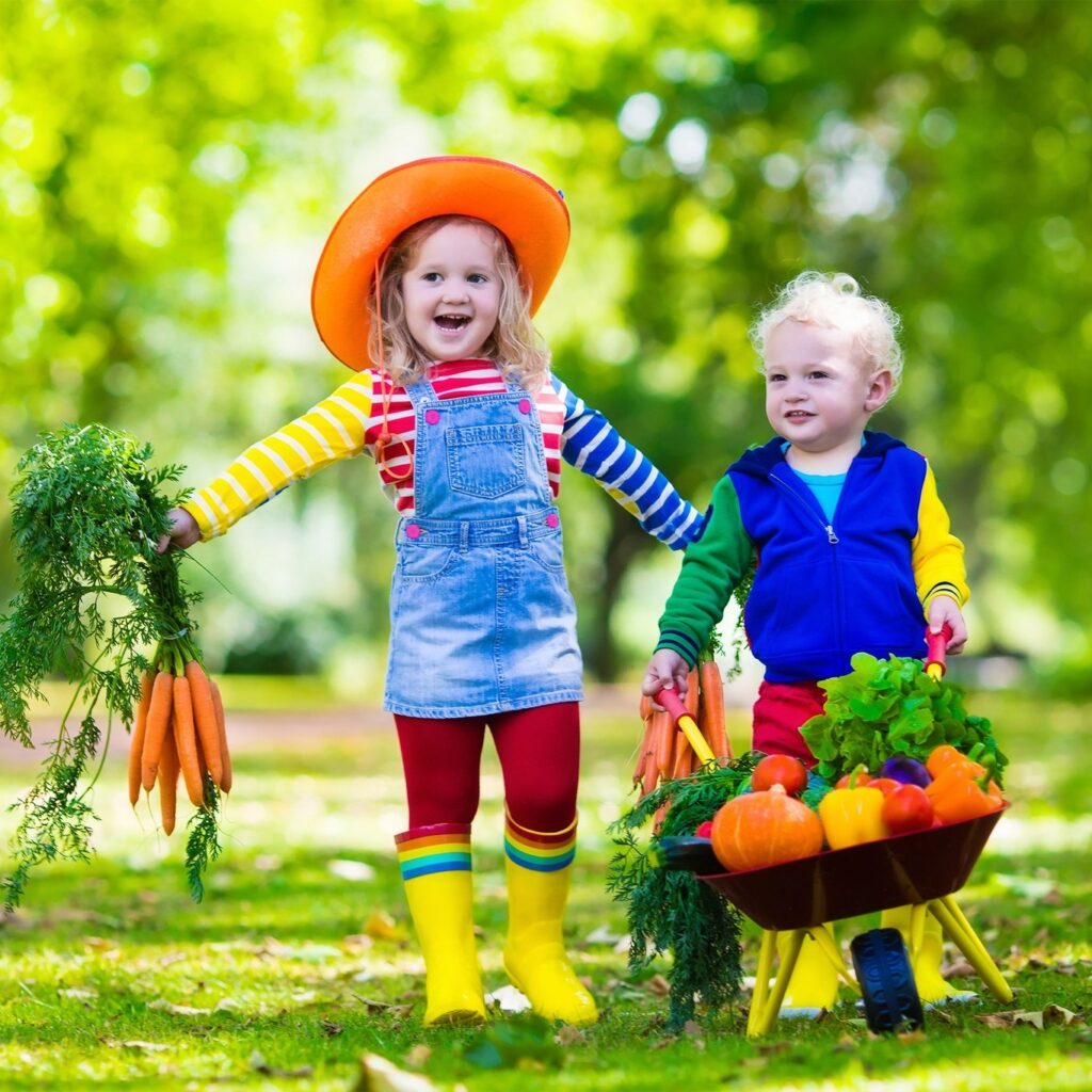 two children with wheelbarrow and plants