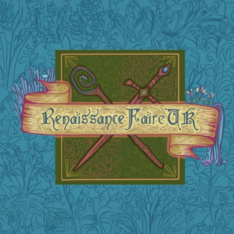Colorful logo for Renaissance Faire UK with medieval tools and banner.